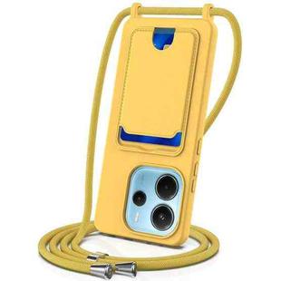 For Redmi Note 14 4G 163.25mm Integrated Card Bag Solid Color Liquid Silicone Phone Case with Lanyard(Yellow)