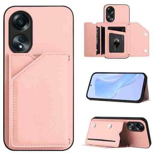 For OPPO A58 / A58X / A1X / A2X Skin Feel Four Card Slots Phone Case with Wrist Strap(Pink)