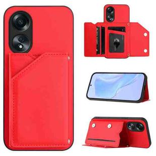 For OPPO A58 / A58X / A1X / A2X Skin Feel Four Card Slots Phone Case with Wrist Strap(Red)