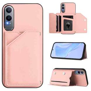 For OPPO K12X Skin Feel Four Card Slots Phone Case with Wrist Strap(Pink)