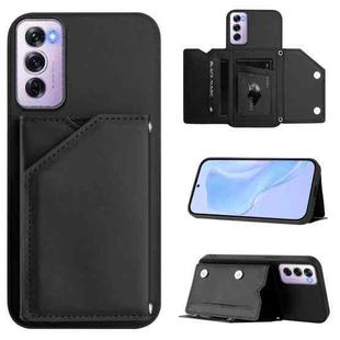 For OPPO Reno12 Pro Global Skin Feel Four Card Slots Phone Case with Wrist Strap(Black)
