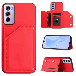 For OPPO Reno12 Pro Global Skin Feel Four Card Slots Phone Case with Wrist Strap(Red)