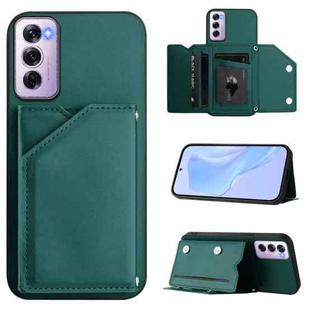 For OPPO Reno12 Pro Global Skin Feel Four Card Slots Phone Case with Wrist Strap(Green)