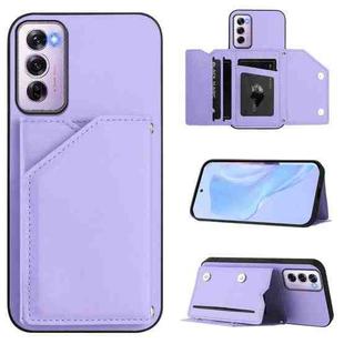For OPPO Reno12 Pro Global Skin Feel Four Card Slots Phone Case with Wrist Strap(Purple)