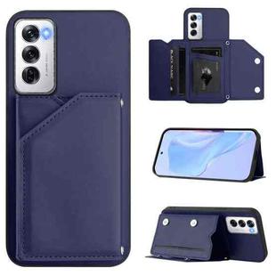 For OPPO Reno12 Global Skin Feel Four Card Slots Phone Case with Wrist Strap(Blue)