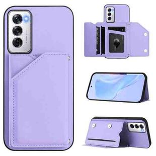 For OPPO Reno12 Global Skin Feel Four Card Slots Phone Case with Wrist Strap(Purple)