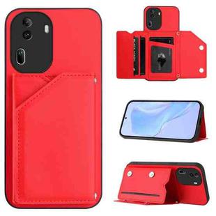 For OPPO Reno11 Pro Global Skin Feel Four Card Slots Phone Case with Wrist Strap(Red)