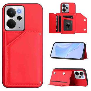 For Realme 14 Skin Feel Four Card Slots Phone Case with Wrist Strap(Red)