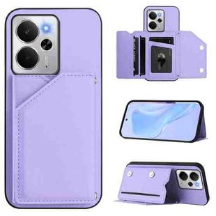 For Realme 14 Skin Feel Four Card Slots Phone Case with Wrist Strap(Purple)