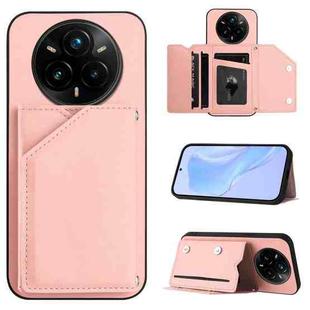 For Realme 14 Pro+ Skin Feel Four Card Slots Phone Case with Wrist Strap(Pink)