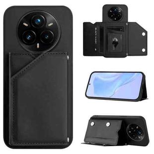 For Realme 14 Pro+ Skin Feel Four Card Slots Phone Case with Wrist Strap(Black)