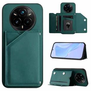 For Realme 14 Pro+ Skin Feel Four Card Slots Phone Case with Wrist Strap(Green)