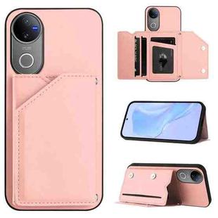 For vivo V50 / V50e Skin Feel Four Card Slots Phone Case with Wrist Strap(Pink)