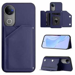 For vivo V50 / V50e Skin Feel Four Card Slots Phone Case with Wrist Strap(Blue)