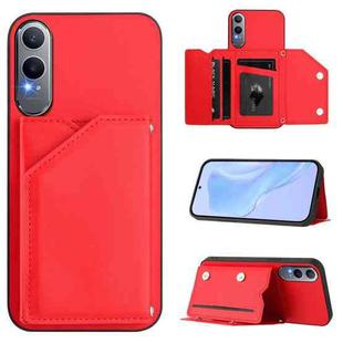 For OnePlus Nord CE4 Lite 5G Skin Feel Four Card Slots Phone Case with Wrist Strap(Red)