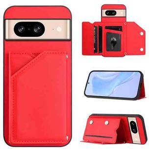 For Google Pixel 8 Skin Feel Four Card Slots Phone Case with Wrist Strap(Red)