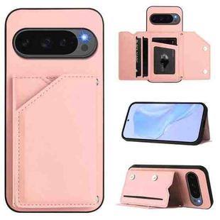 For Google Pixel 10 Pro XL Skin Feel Four Card Slots Phone Case with Wrist Strap(Pink)