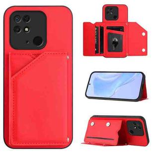 For Redmi 10C Skin Feel Four Card Slots Phone Case with Wrist Strap(Red)