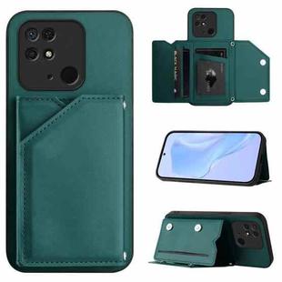 For Redmi 10C Skin Feel Four Card Slots Phone Case with Wrist Strap(Green)