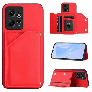 For Redmi Note 12 4G Global Skin Feel Four Card Slots Phone Case with Wrist Strap(Red)