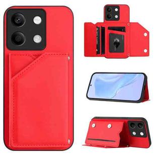 For Redmi Note 13 5G Skin Feel Four Card Slots Phone Case with Wrist Strap(Red)