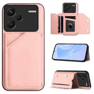 For Redmi Note 13 Pro+ Skin Feel Four Card Slots Phone Case with Wrist Strap(Pink)