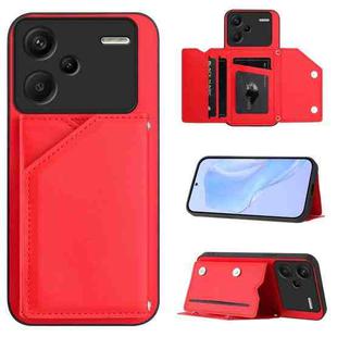 For Redmi Note 13 Pro+ Skin Feel Four Card Slots Phone Case with Wrist Strap(Red)