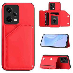 For Redmi Note 12 Pro+ 5G Skin Feel Four Card Slots Phone Case with Wrist Strap(Red)