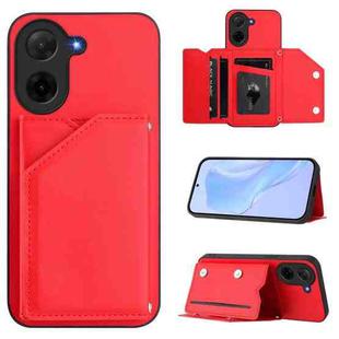 For Redmi A5 4G 171.7mm / Poco C71 Skin Feel Four Card Slots Phone Case with Wrist Strap(Red)