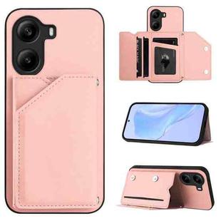 For Xiaomi Poco X7 Pro Skin Feel Four Card Slots Phone Case with Wrist Strap(Pink)