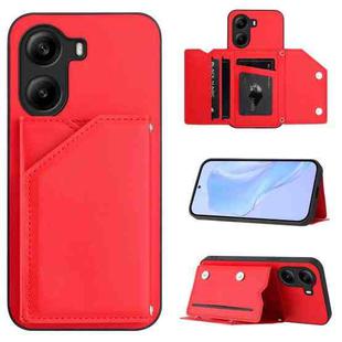 For Xiaomi Poco X7 Pro Skin Feel Four Card Slots Phone Case with Wrist Strap(Red)