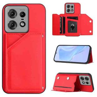 For Motorola Edge 50 Pro Skin Feel Four Card Slots Phone Case with Wrist Strap(Red)