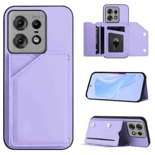 For Motorola Edge 50 Pro Skin Feel Four Card Slots Phone Case with Wrist Strap(Purple)