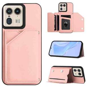 For Motorola Moto X50 Ultra Skin Feel Four Card Slots Phone Case with Wrist Strap(Pink)