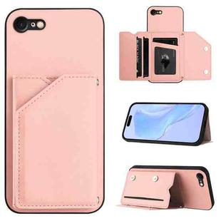 For iPhone 7 / 8 / SE 2020 2022 Skin Feel Four Card Slots Phone Case with Wrist Strap(Pink)