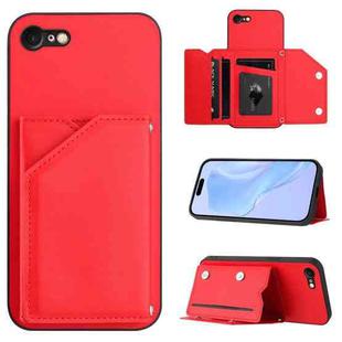 For iPhone 7 / 8 / SE 2020 2022 Skin Feel Four Card Slots Phone Case with Wrist Strap(Red)