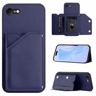 For iPhone 7 / 8 / SE 2020 2022 Skin Feel Four Card Slots Phone Case with Wrist Strap(Blue)