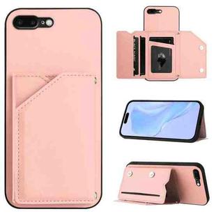 For iPhone 7 Plus / 8 Plus Skin Feel Four Card Slots Phone Case with Wrist Strap(Pink)