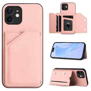 For iPhone 11 Skin Feel Four Card Slots Phone Case with Wrist Strap(Pink)