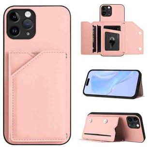 For iPhone 11 Pro Skin Feel Four Card Slots Phone Case with Wrist Strap(Pink)
