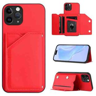 For iPhone 11 Pro Skin Feel Four Card Slots Phone Case with Wrist Strap(Red)