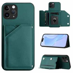 For iPhone 11 Pro Skin Feel Four Card Slots Phone Case with Wrist Strap(Green)
