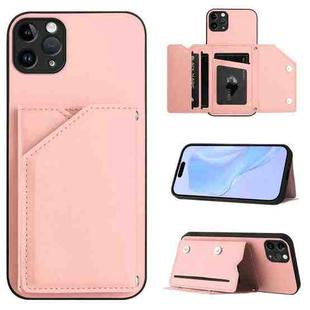 For iPhone 11 Pro Max Skin Feel Four Card Slots Phone Case with Wrist Strap(Pink)