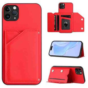 For iPhone 11 Pro Max Skin Feel Four Card Slots Phone Case with Wrist Strap(Red)