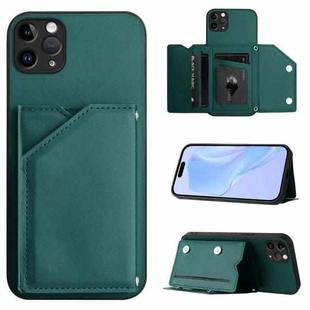 For iPhone 11 Pro Max Skin Feel Four Card Slots Phone Case with Wrist Strap(Green)