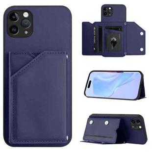 For iPhone 11 Pro Max Skin Feel Four Card Slots Phone Case with Wrist Strap(Blue)