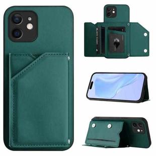 For iPhone 12 Skin Feel Four Card Slots Phone Case with Wrist Strap(Green)