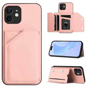 For iPhone 12 mini Skin Feel Four Card Slots Phone Case with Wrist Strap(Pink)
