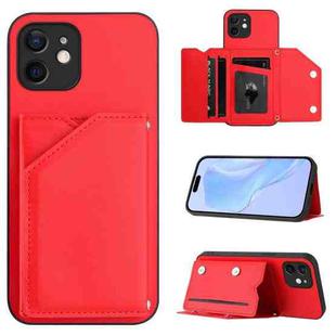 For iPhone 12 mini Skin Feel Four Card Slots Phone Case with Wrist Strap(Red)