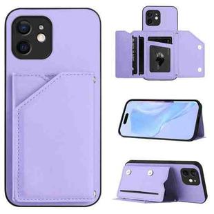 For iPhone 12 mini Skin Feel Four Card Slots Phone Case with Wrist Strap(Purple)